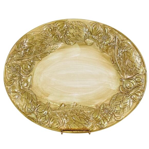 Majolica Hand Painted Oval Italian Platter Garlic Artichoke 3-D Mustard Holidays - Picture 1 of 7